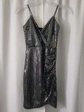 NWT XS Charlotte Russe Black Silver Spaghetti Strap Mini Dress - Scrunch Side